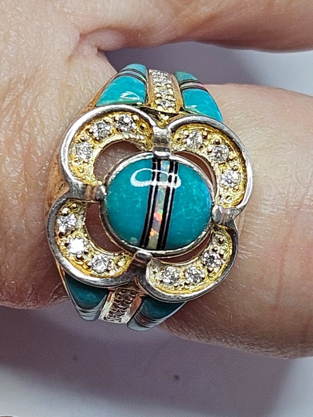 SIGNED ROX STERLING SILVER TURQUOISE & AURORA OPAL INLAID RING SIZE 8.5